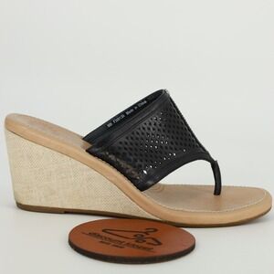 UGG Solena Black Leather Laser Cut Canvas Wedge Thong Sandals Size 9 F30013A